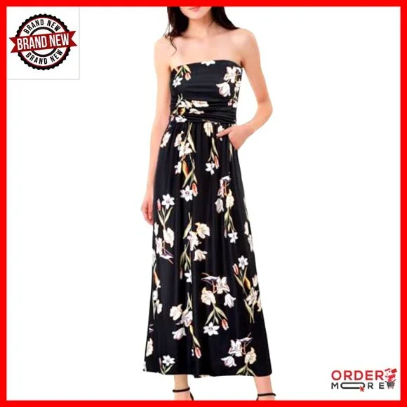 Strapless Maxi Dress Ruched Loose Fit Elegant Formal Party Wear with Pockets - Picture 5 of 6